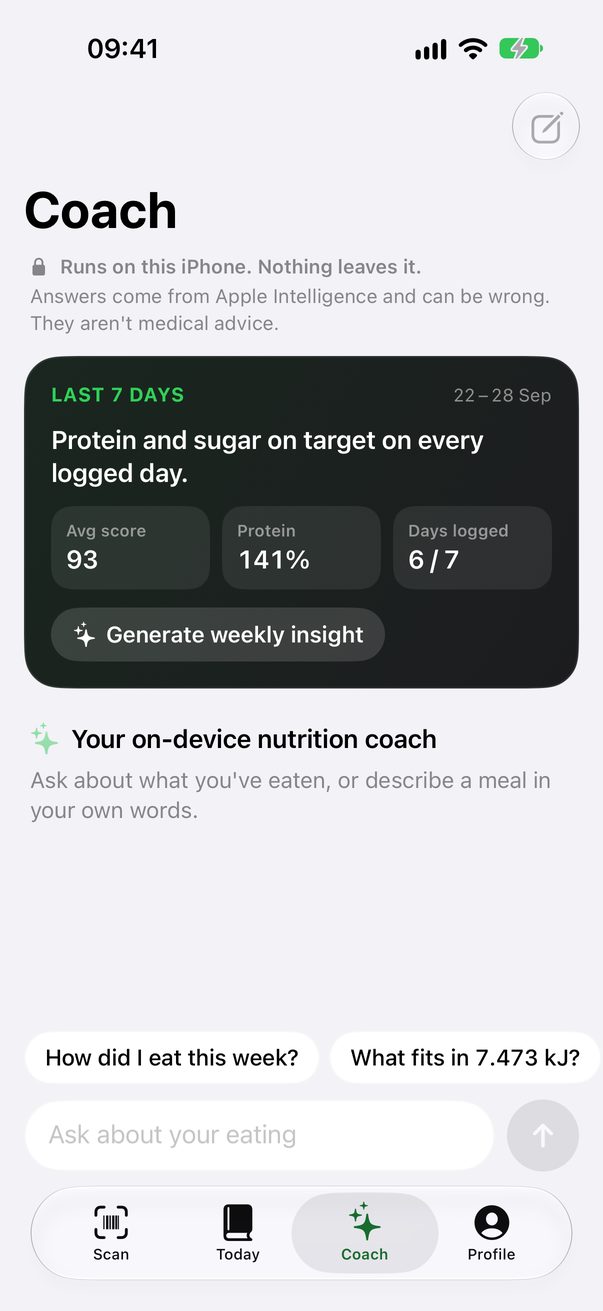 The Coach tab with a summary of the last seven days