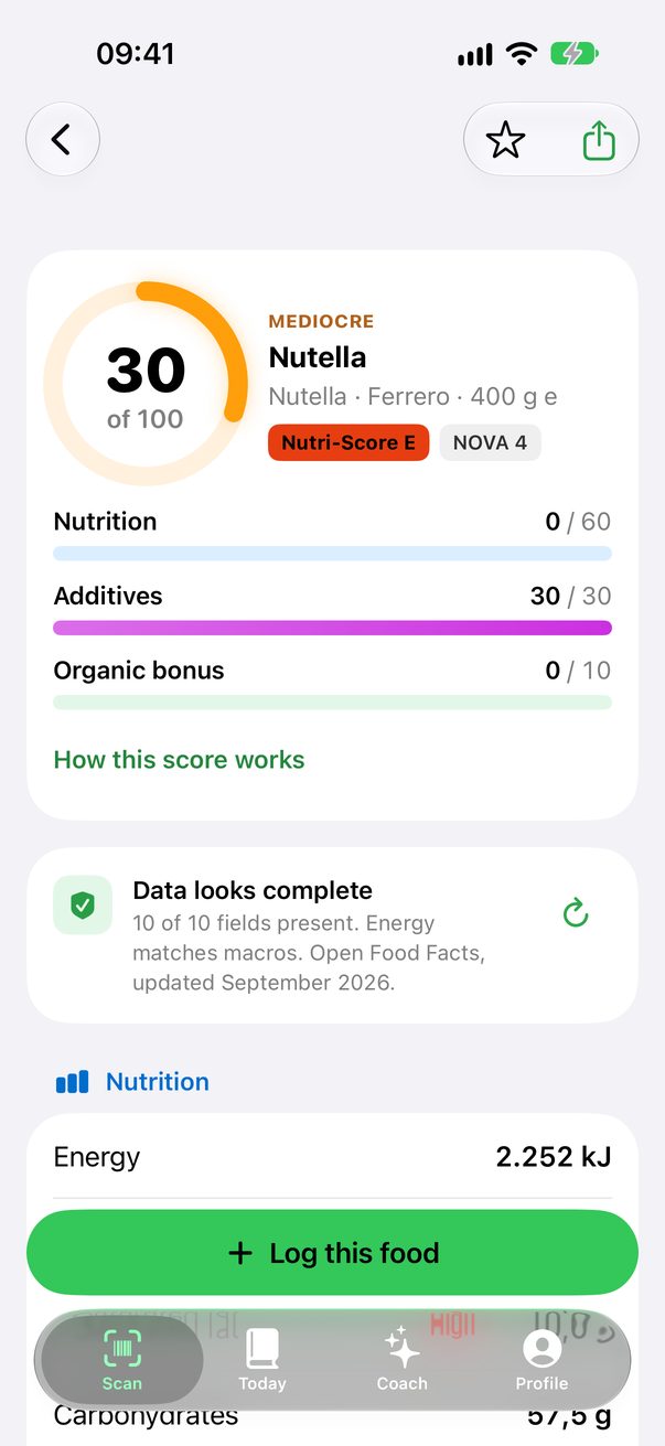 The Satoa product page for Nutella with the score breakdown