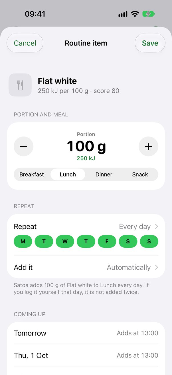 A Routine item: a flat white added to lunch every day