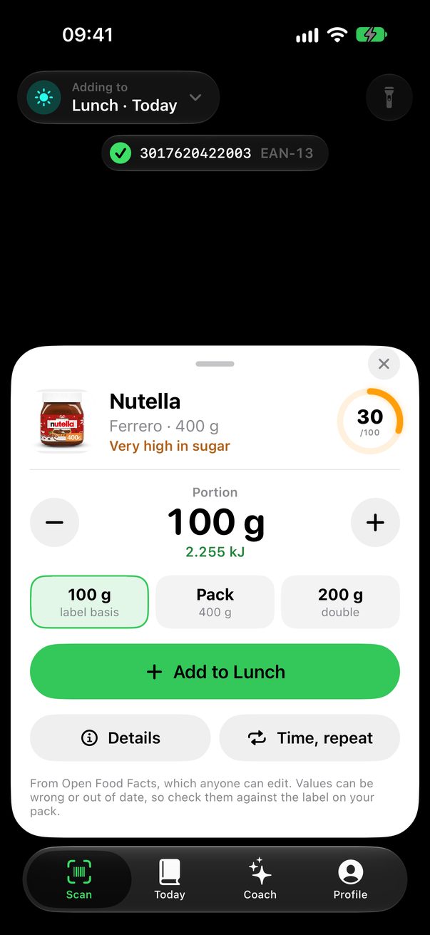 Satoa's scan result card for Nutella, scored 30 out of 100, with portion presets and Add to Lunch