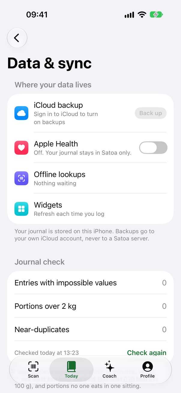 The Data and sync screen