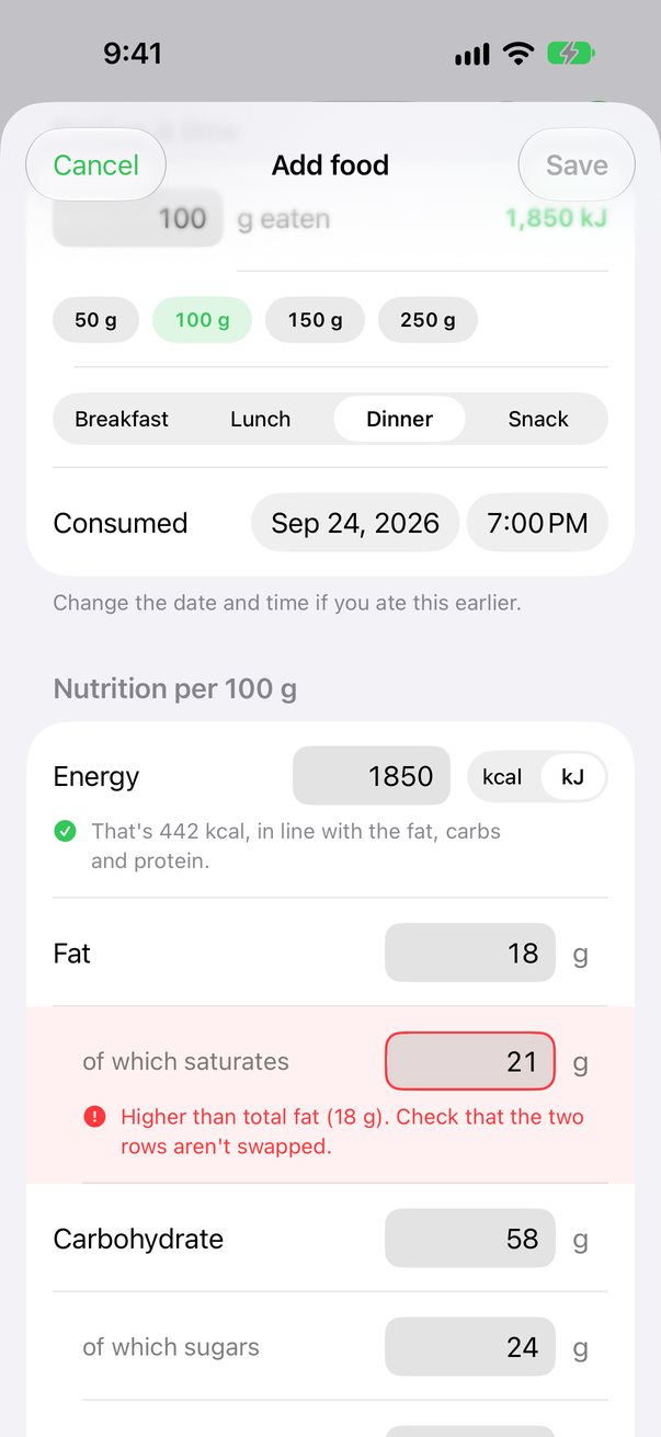 Manual entry flagging saturated fat that is higher than total fat