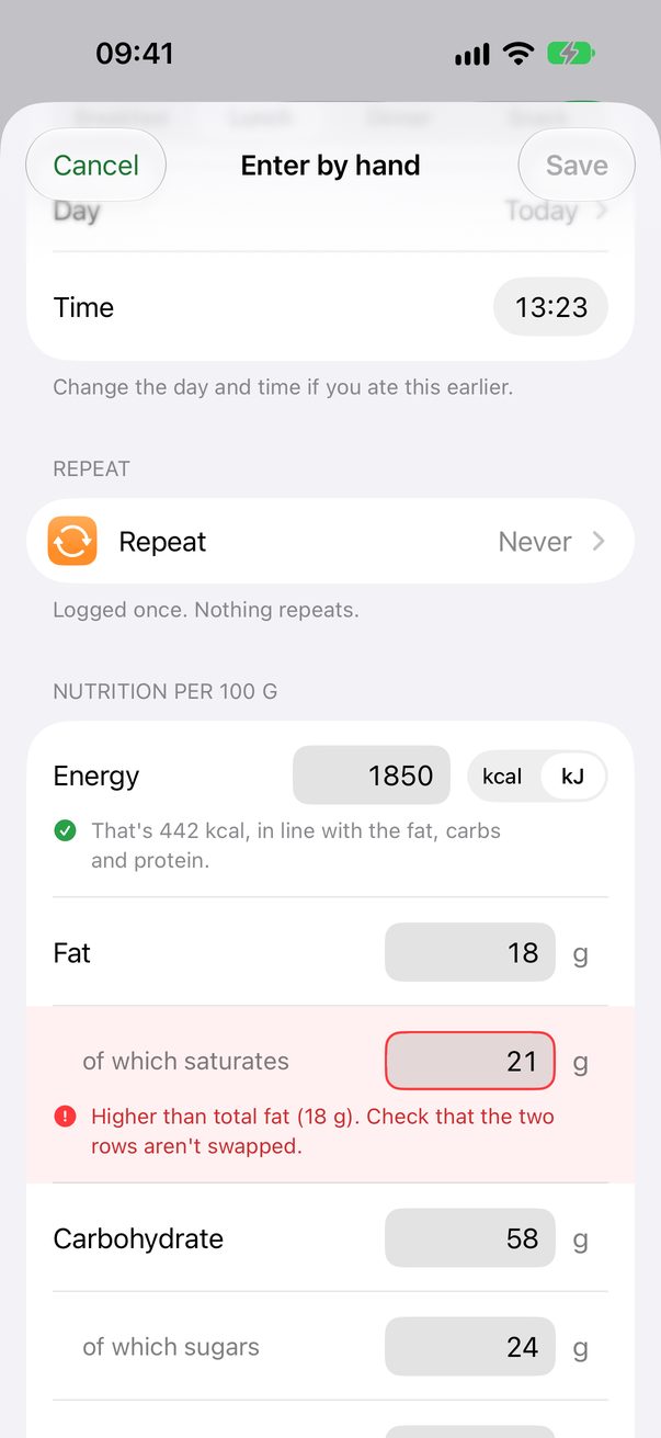 Manual entry flagging saturated fat that is higher than total fat